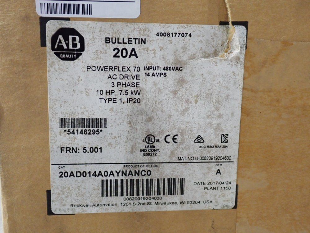 Allen Bradley 10 Hp Series A Powerflex70 - 20ad014a0aynanc0