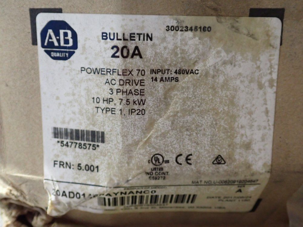 Allen Bradley 10 Hp Series A Powerflex70 - 20ad014a0aynanc0