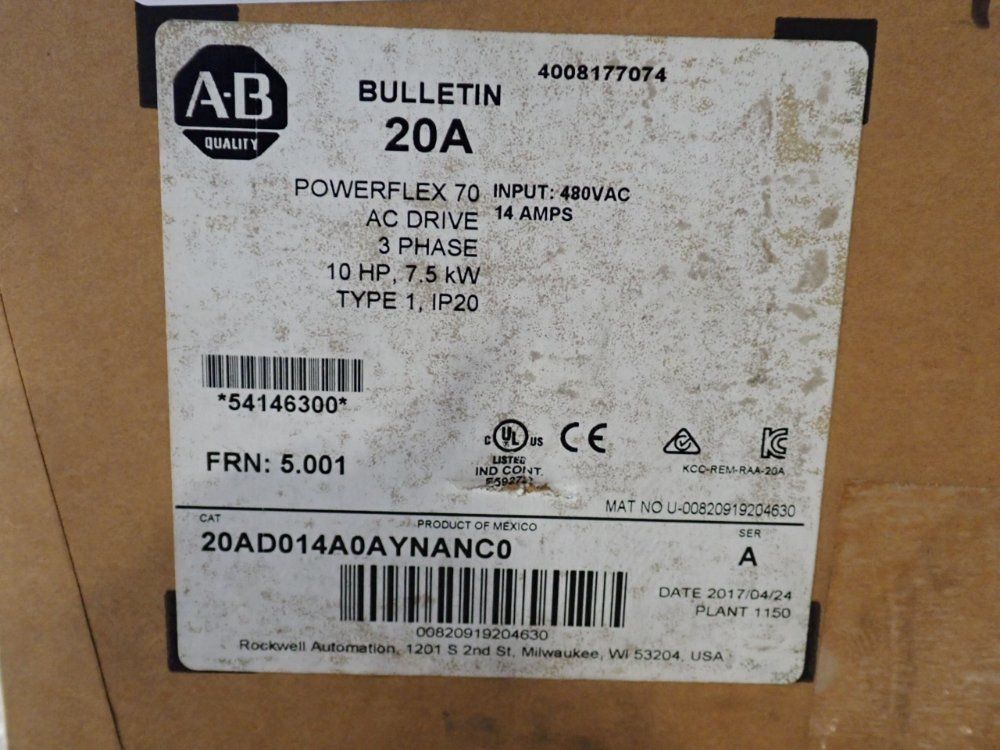 Allen Bradley 10 Hp Series A Powerflex70 - 20ad014a0aynanc0