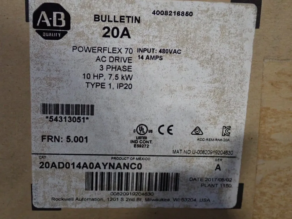 Allen Bradley 10 Hp Series A Powerflex70 - 20ad014a0aynanc0