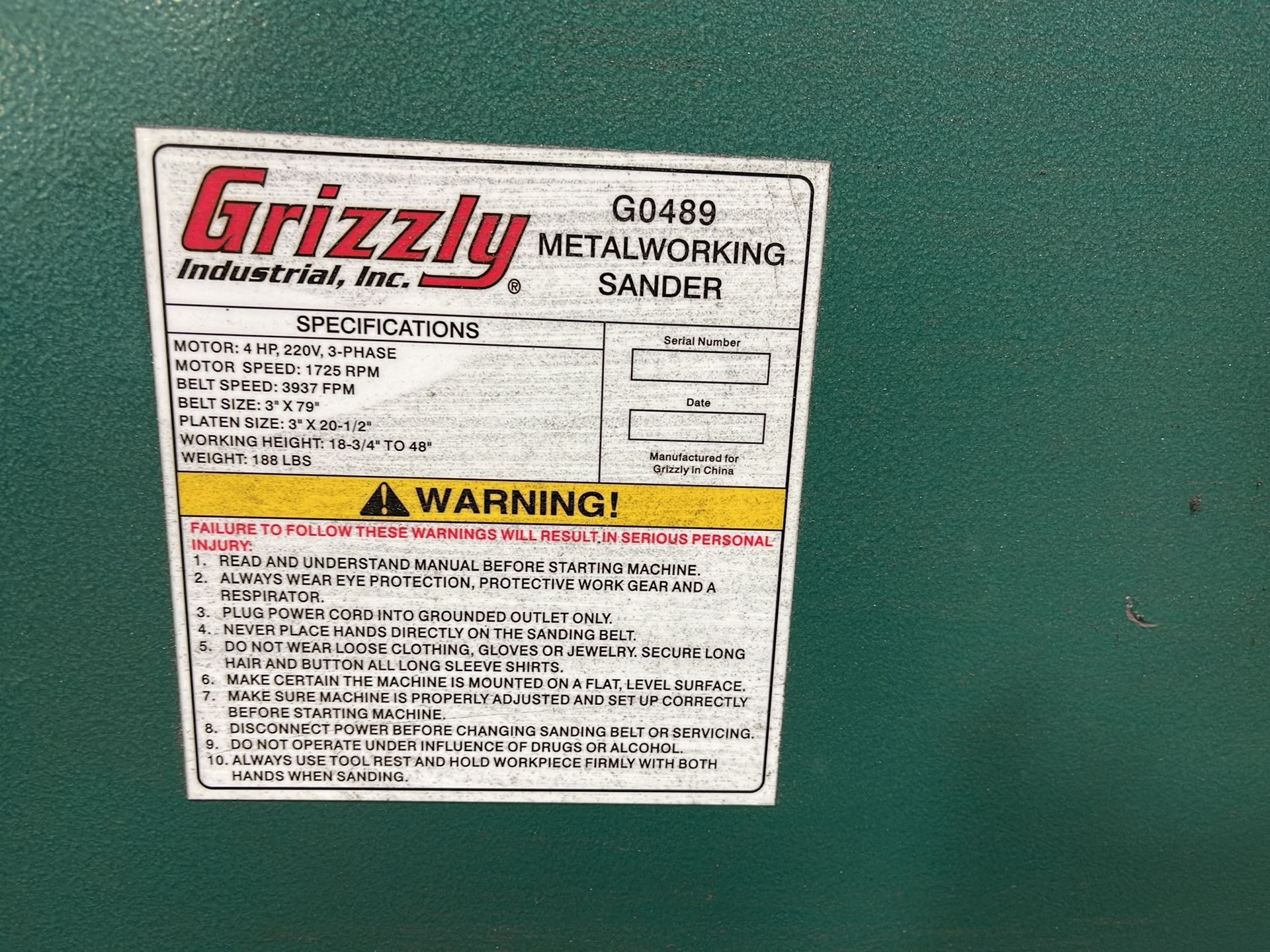 Grizzly Industrial Inc 3” X 79” Metalworking Sander - G0489