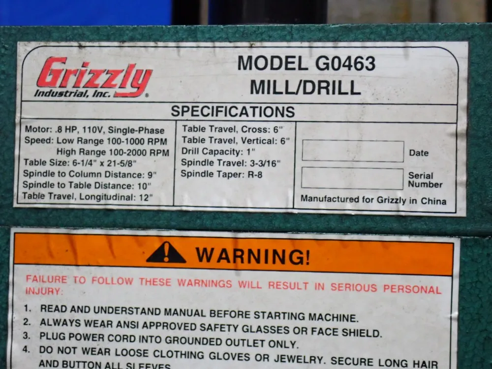 Grizzly Industrial Inc 6-1/4” X 21-5/8” Vertical Mill/drill - G0463