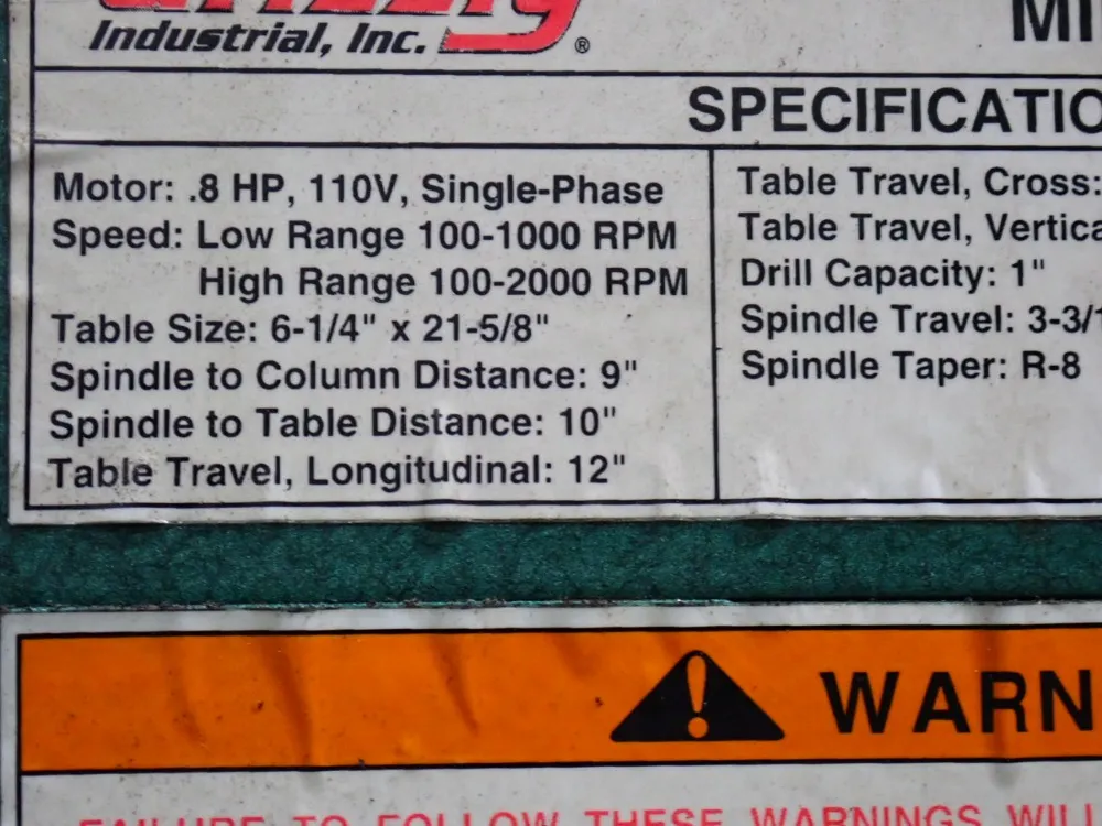 Grizzly Industrial Inc 6-1/4” X 21-5/8” Vertical Mill/drill - G0463