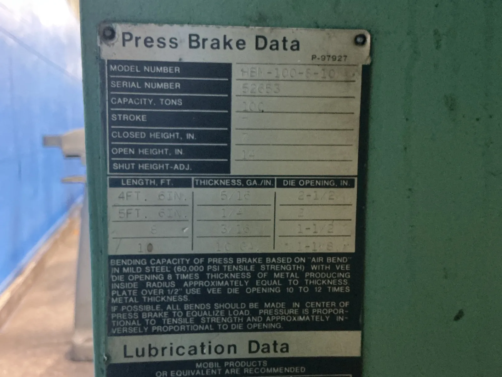Niagara 100 Tons Press Brake - Hbm-100-8-10