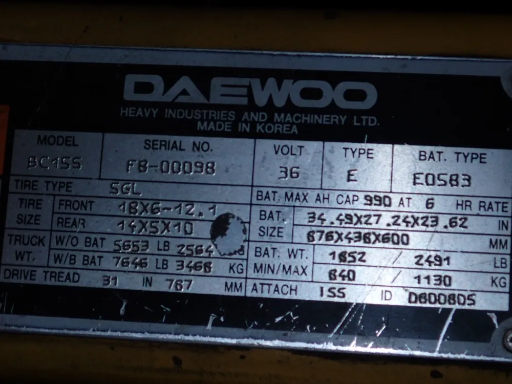 Daewoo 2700 Lbs Electric Forklift - Bc 15s