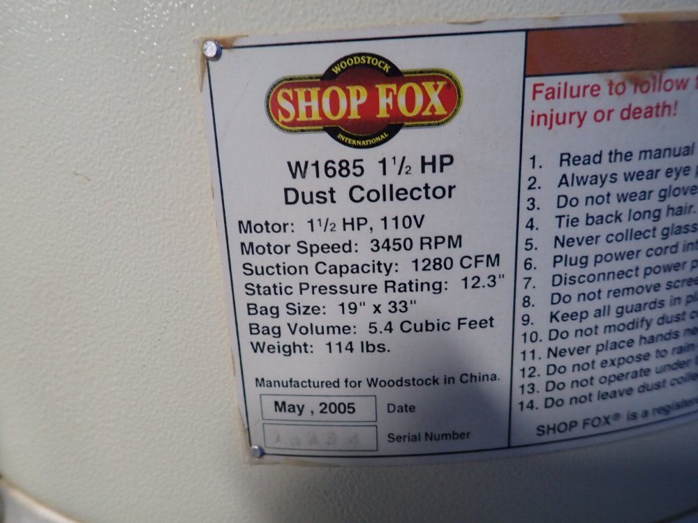 Shop Fox 5.4 Cf Dust Collector - W1685
