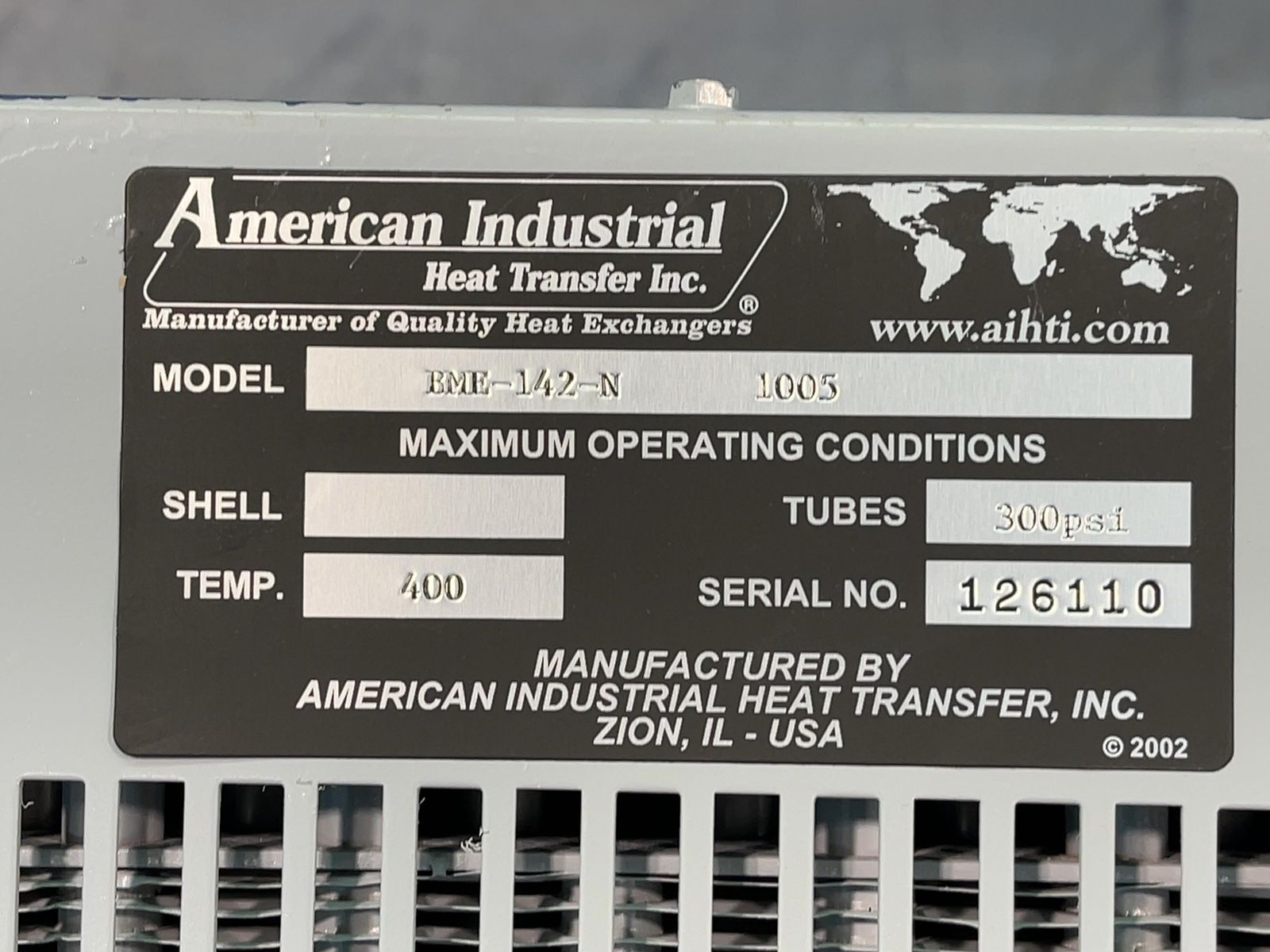American Industrial Heat Transfer Inc 300 Psi, 400 Degrees Fahrenheit Heat Exchanger - Bme-142-n 1005