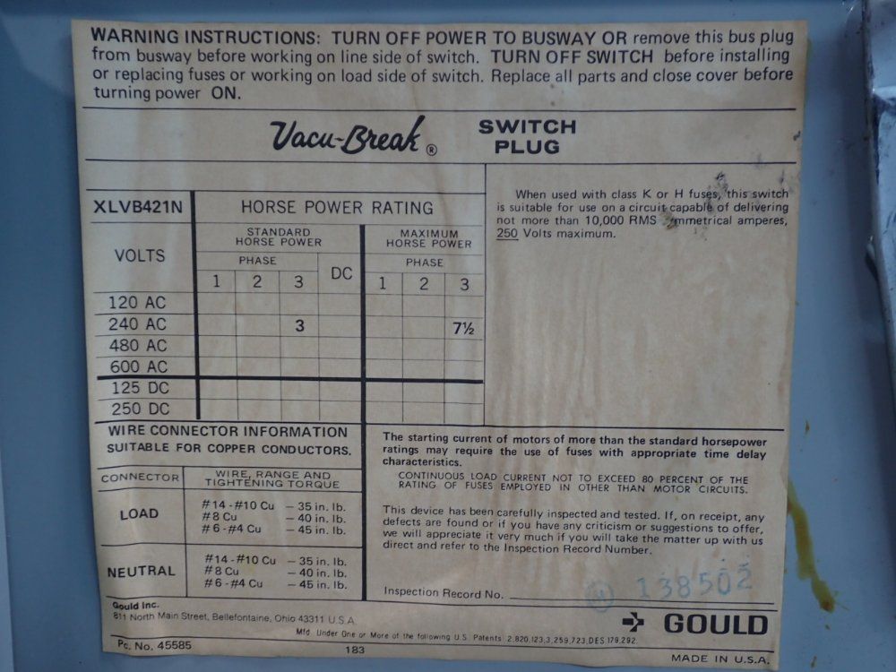Gould Xl Distribution Vacu-break Switch Plug - Xlvb421n