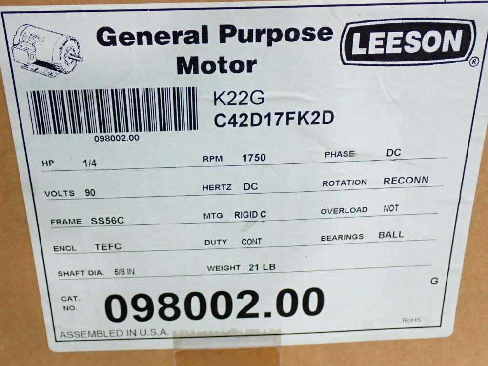 Leeson 1/4 Hp General Purpose Continuous Duty Permanent Magnet Motor - 098002.00