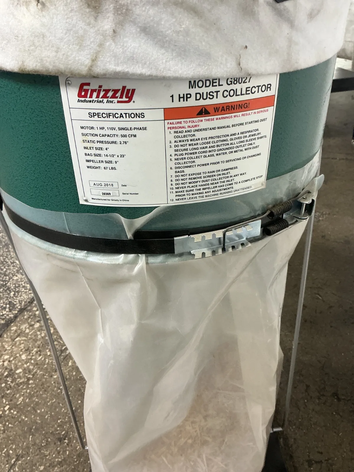 Grizzly Industrial 500 Cfm Dust Collector - G8027