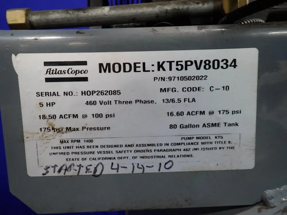 Atlas Copco 80 Gal Air Compressor - Kt5pv8034