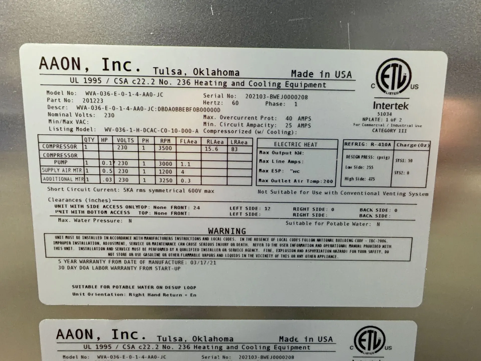 Aaon Dandelion Heat Pump - Wva-036-e-0-1-4-aa0-jc