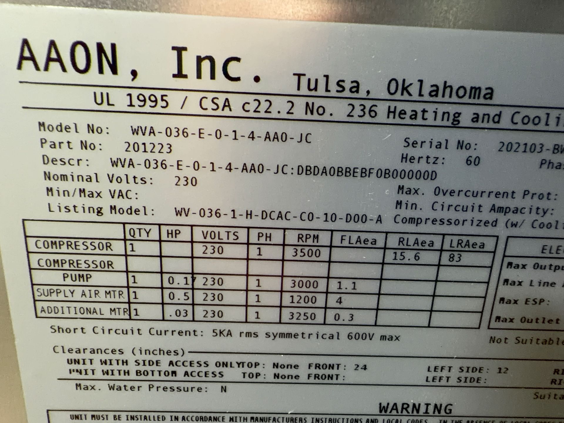 Aaon Dandelion Heat Pump - Wva-036-e-0-1-4-aa0-jc