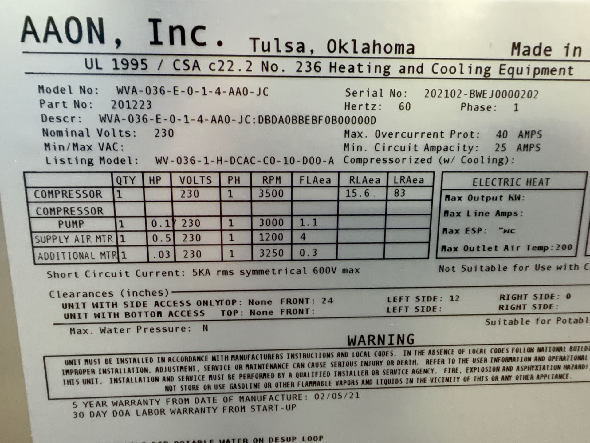 Aaon Dandelion Heat Pump - Wva-036-e-0-1-4-aa0-jc