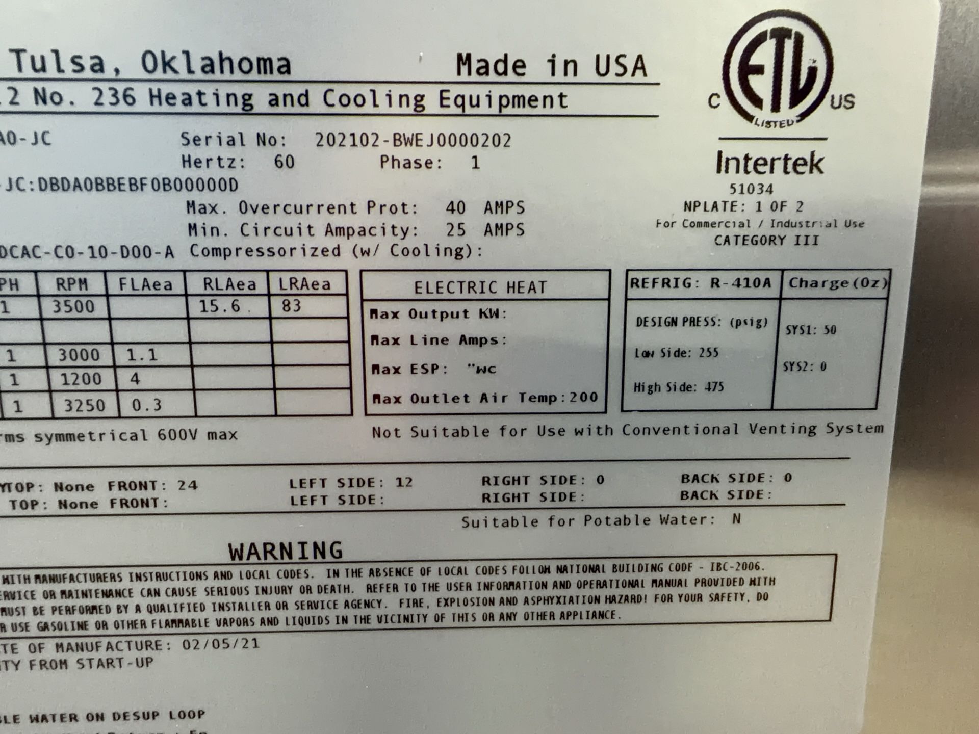 Aaon Dandelion Heat Pump - Wva-036-e-0-1-4-aa0-jc