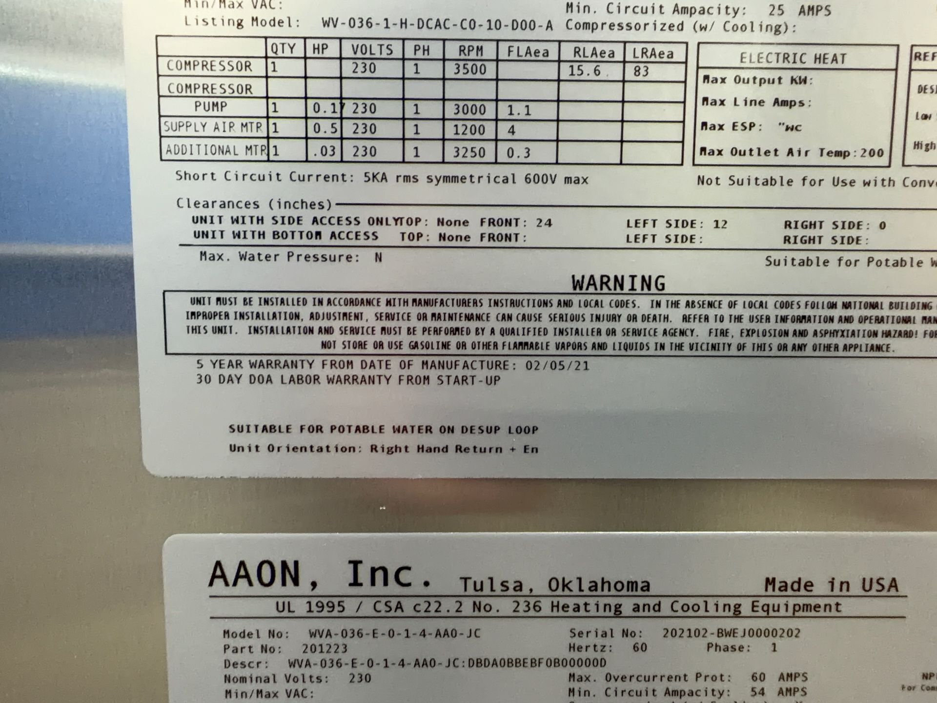 Aaon Dandelion Heat Pump - Wva-036-e-0-1-4-aa0-jc