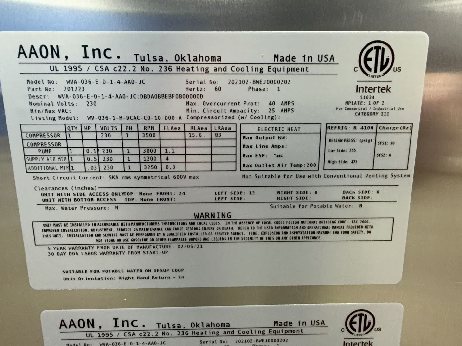 Aaon Dandelion Heat Pump - Wva-036-e-0-1-4-aa0-jc