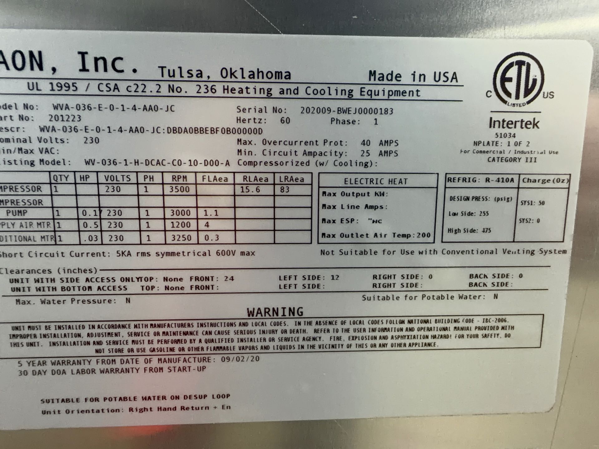 Aaon Dandelion Heat Pump - Wva-036-e-0-1-4-aa0-jc