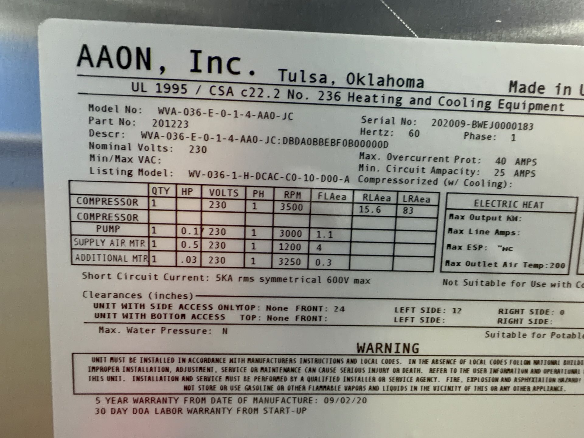 Aaon Dandelion Heat Pump - Wva-036-e-0-1-4-aa0-jc