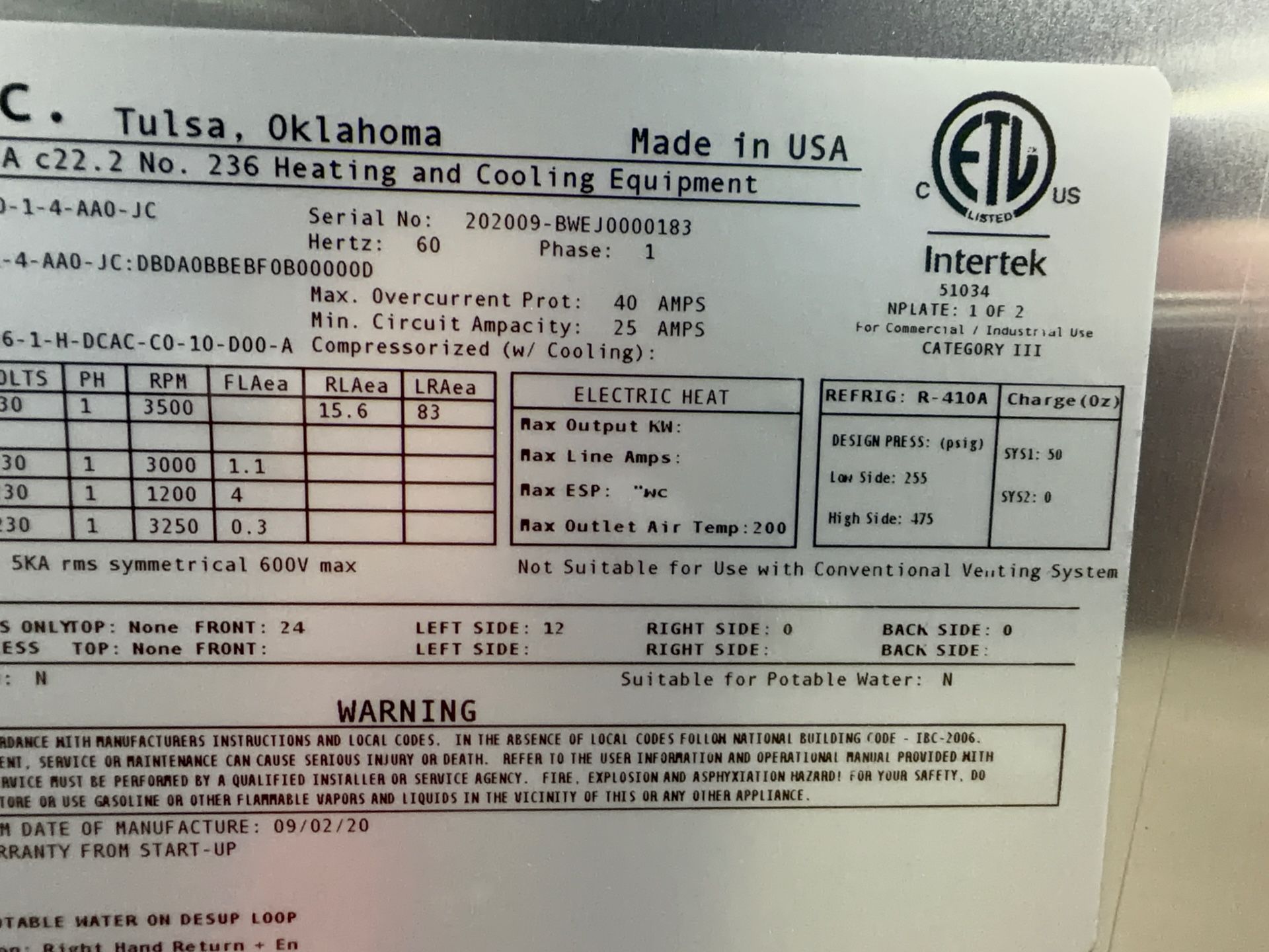 Aaon Dandelion Heat Pump - Wva-036-e-0-1-4-aa0-jc
