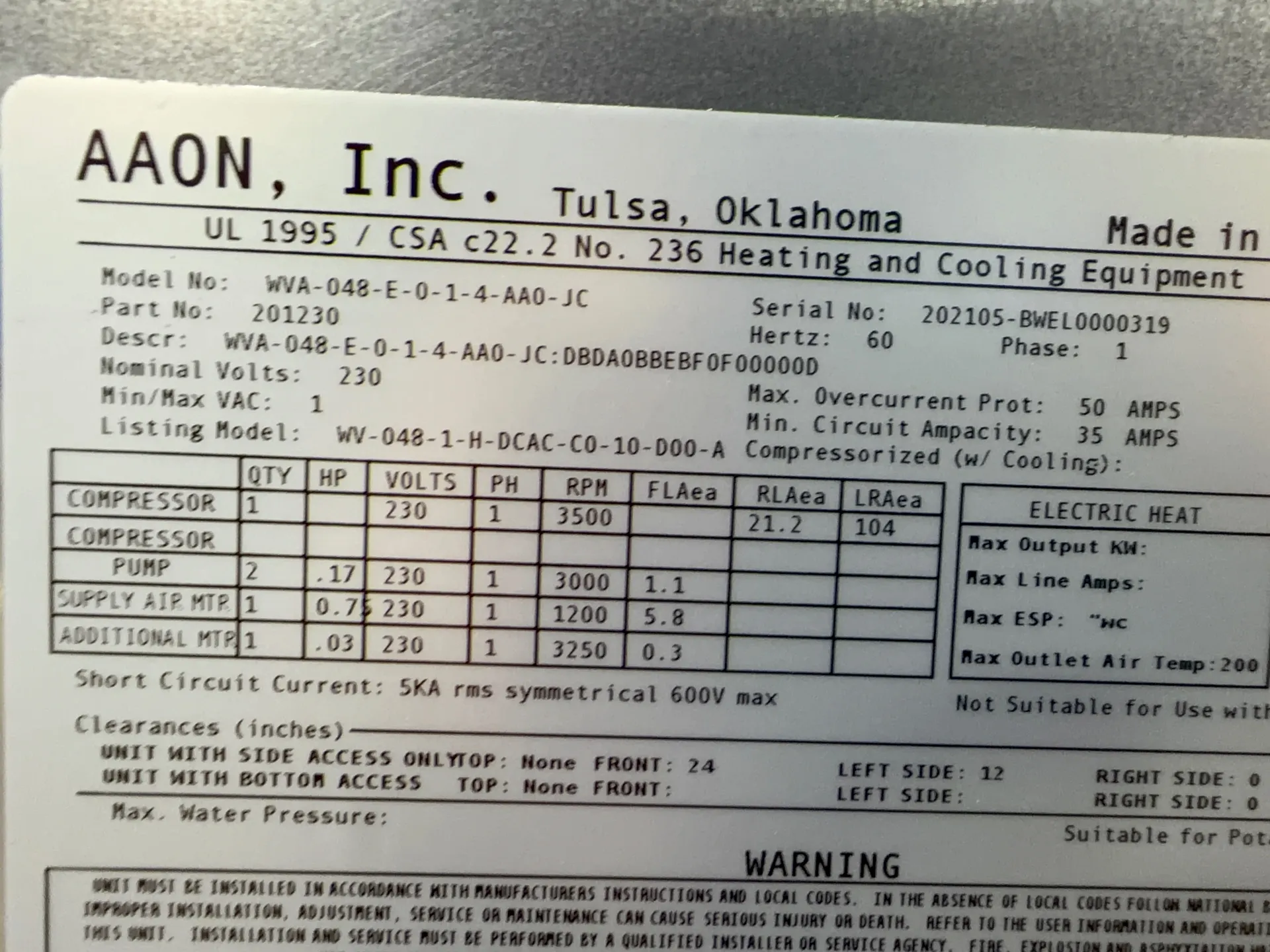 Aaon Dandelion Heat Pump - Wva-048-e-0-1-4-aa0-jc