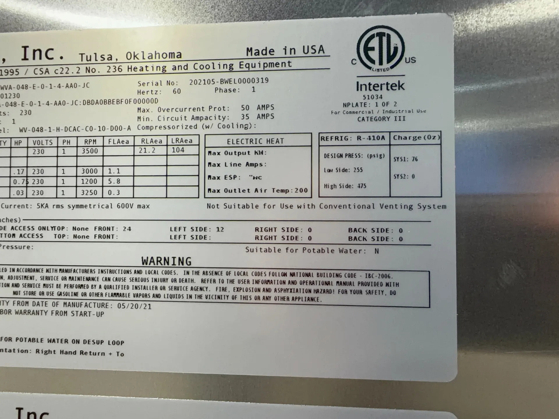 Aaon Dandelion Heat Pump - Wva-048-e-0-1-4-aa0-jc