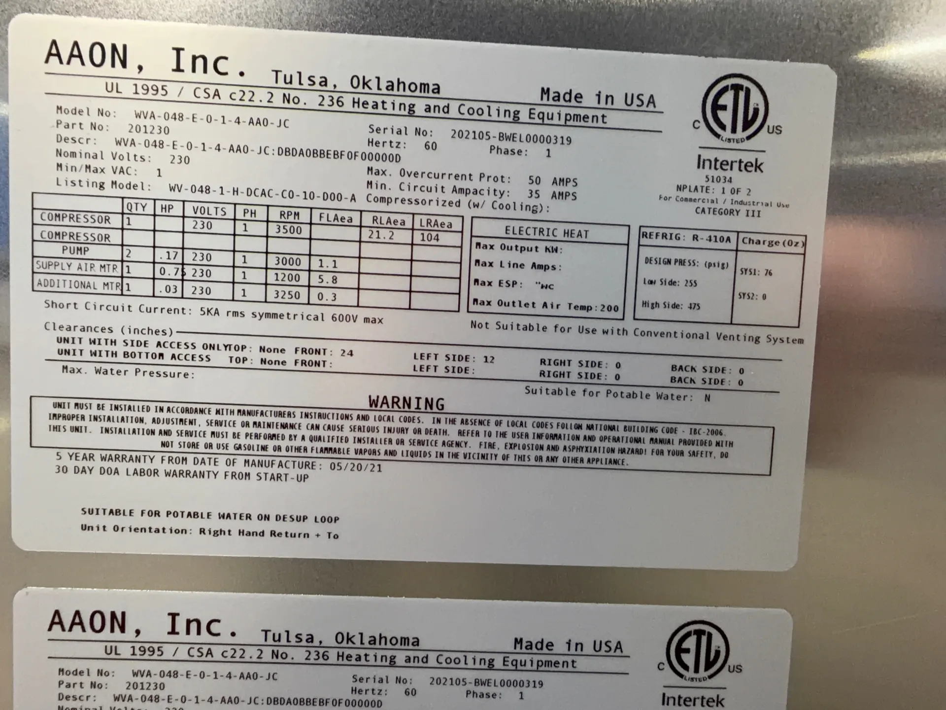 Aaon Dandelion Heat Pump - Wva-048-e-0-1-4-aa0-jc