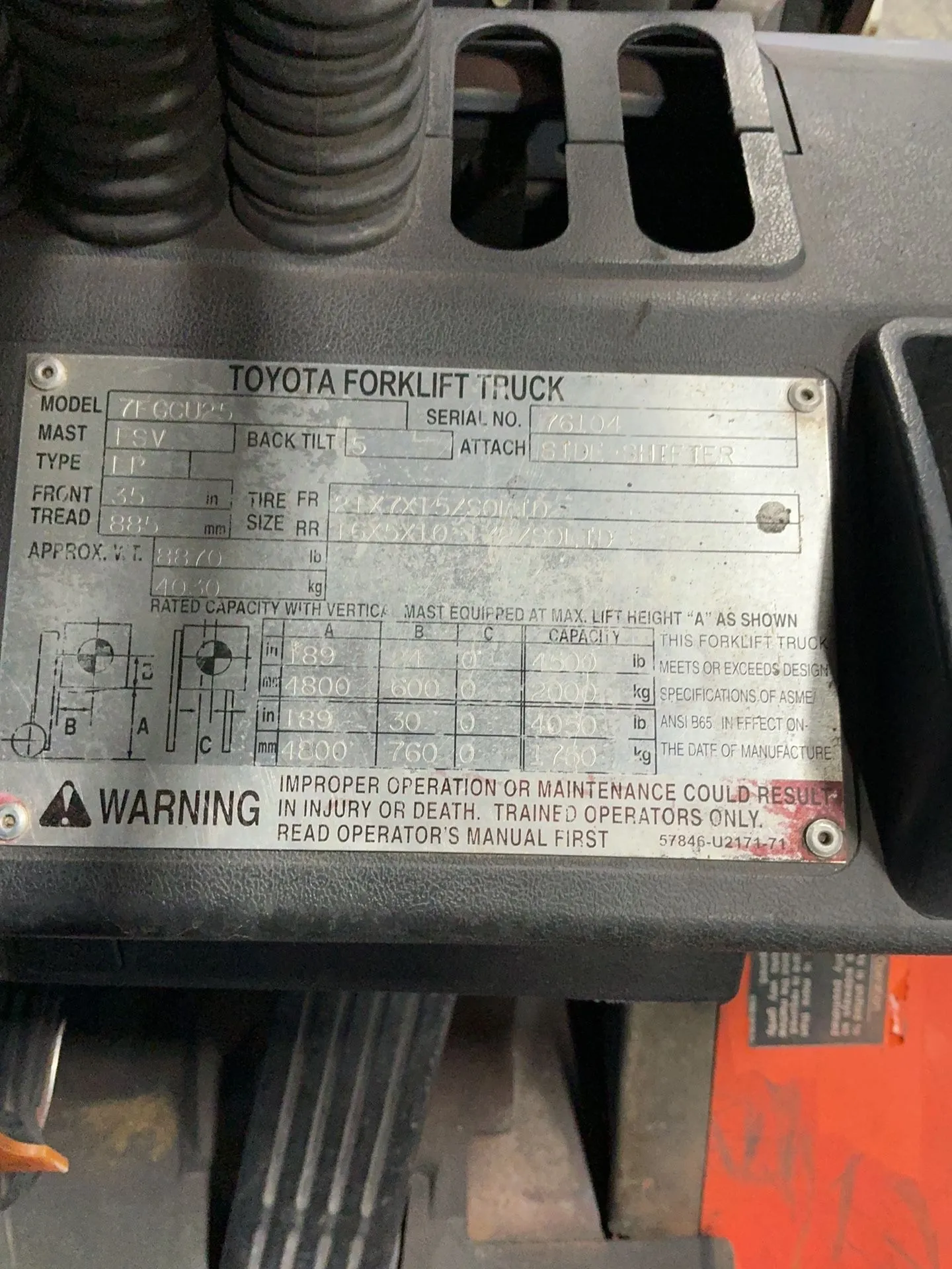 Toyota 4500 Lbs Propane Forklift - 7fgcu25