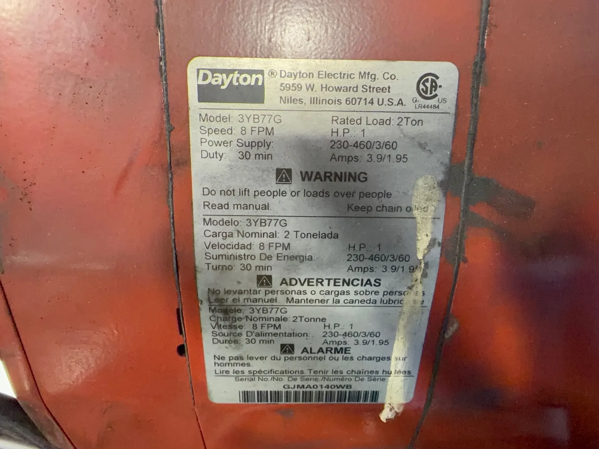 Dayton 2 Ton Electric Hoist - 3yb77g