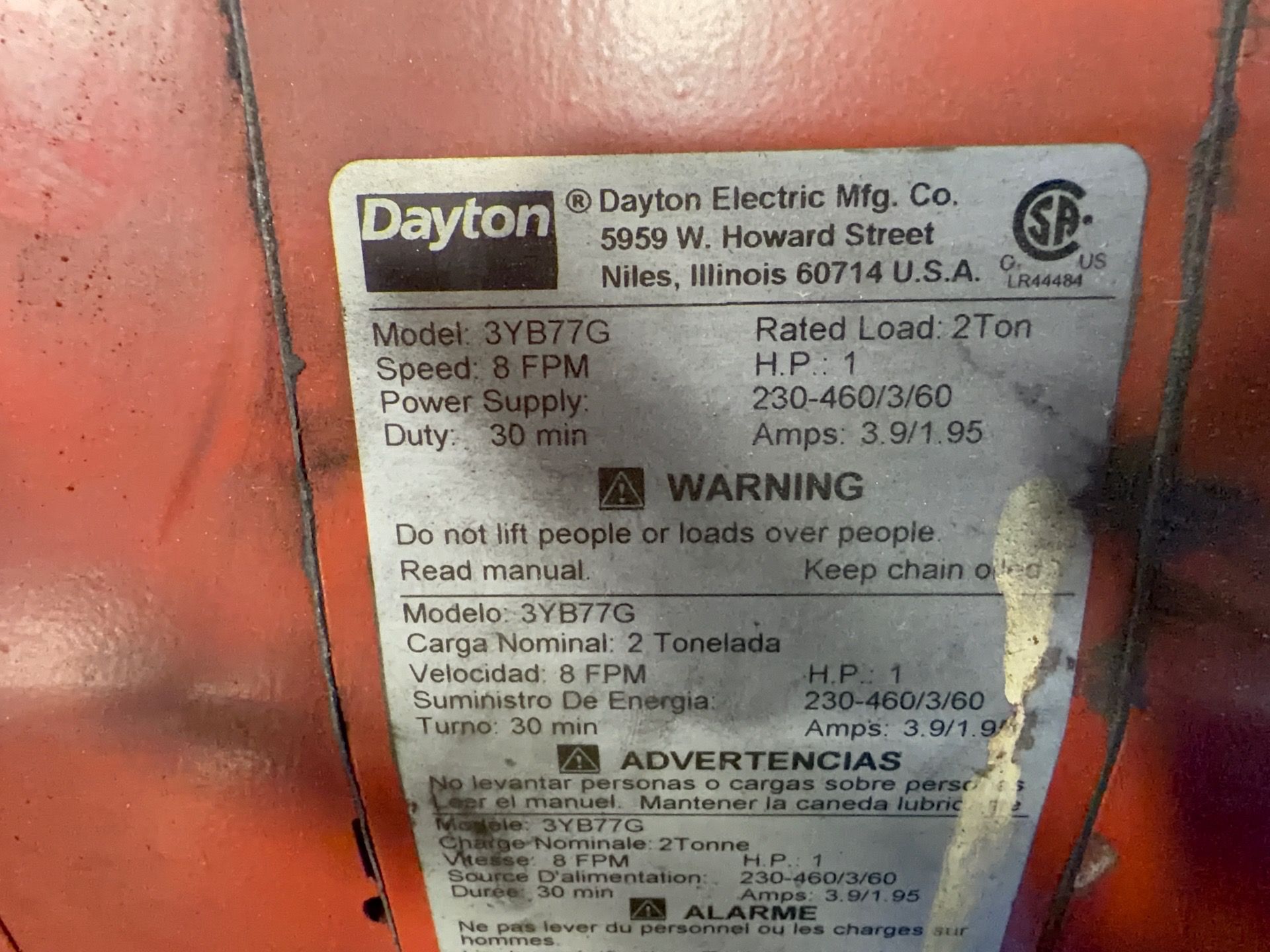 Dayton 2 Ton Electric Hoist - 3yb77g