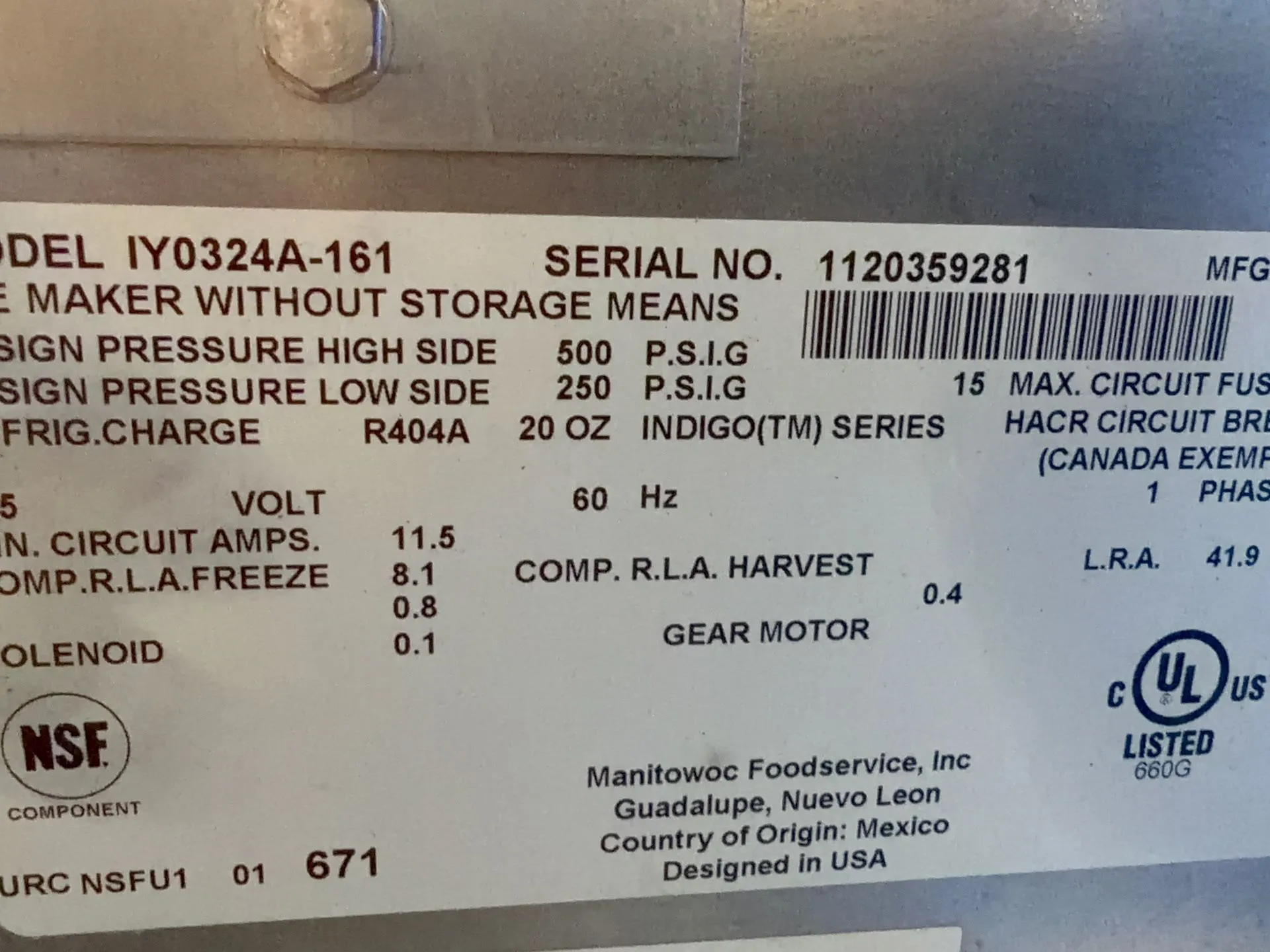Manitowoc Ice Maker - Iy0324a-161