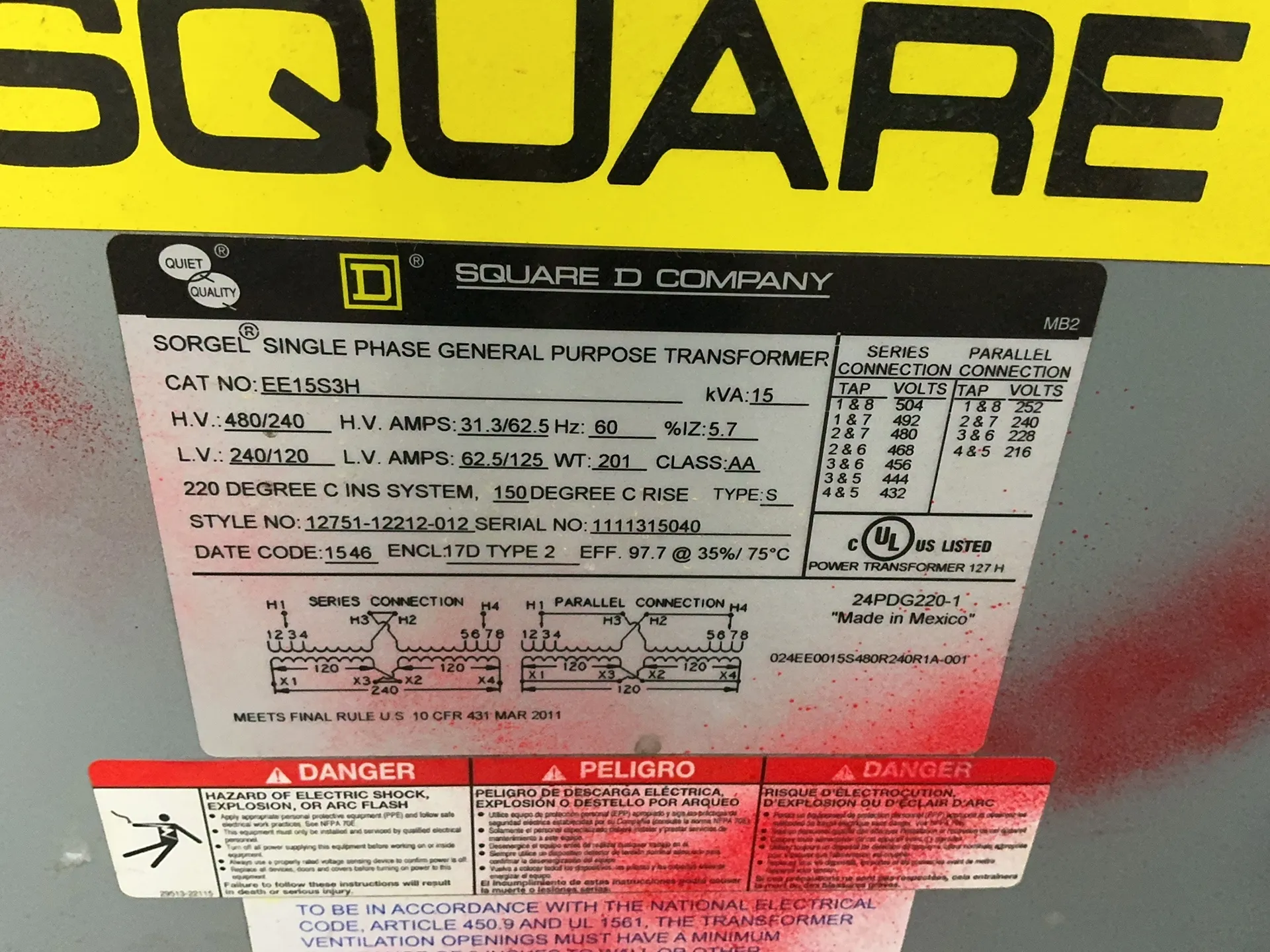 Square D 15 Kva Transformer - Ee15s3h