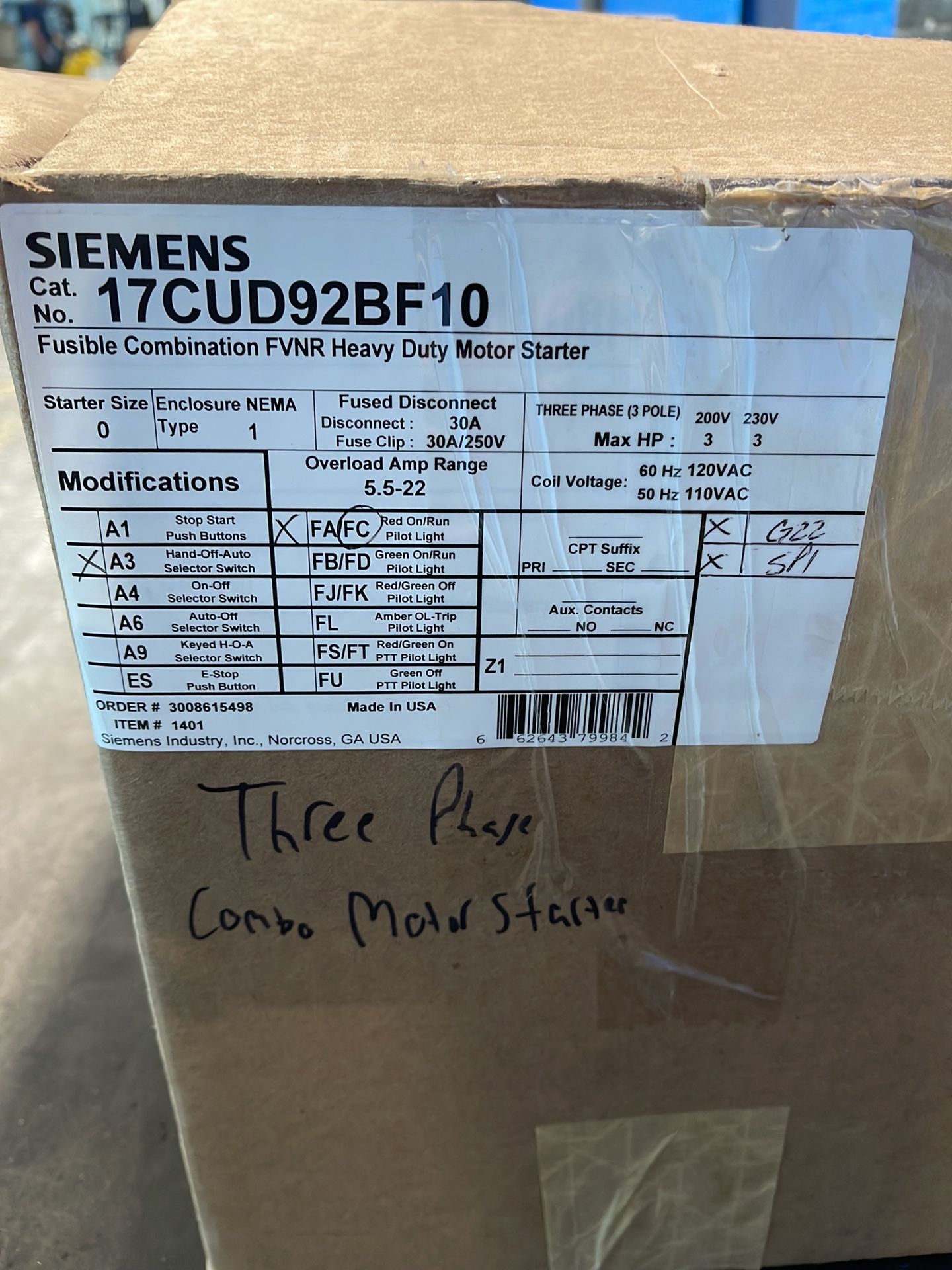Siemens 3 Hp Fusible Combination Fvnr Heavy Duty Motor Starter - 17cud92bf10