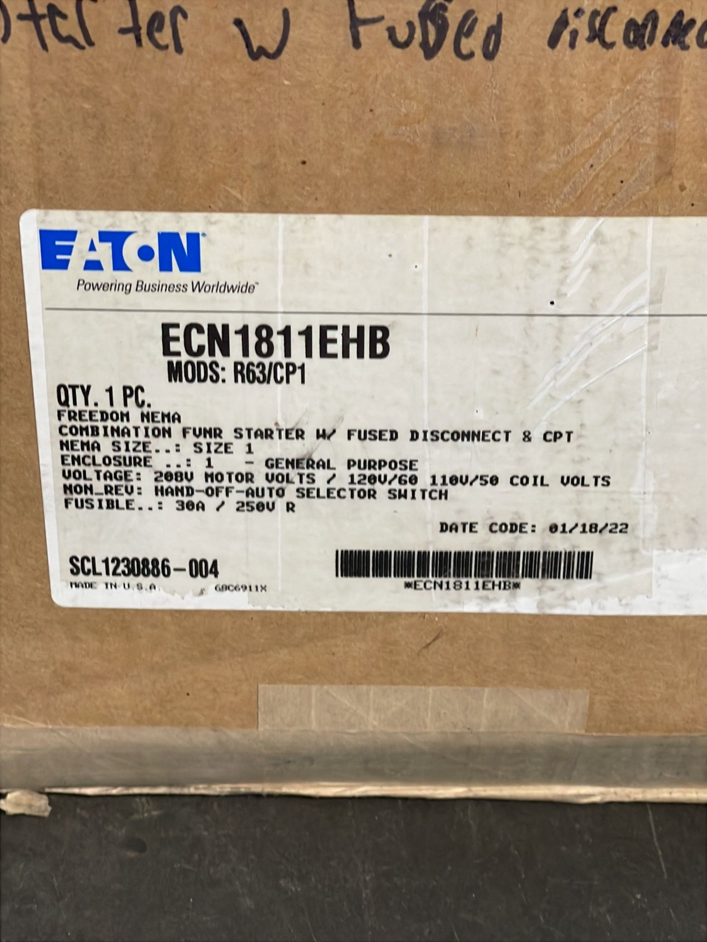 Eaton Freedom Nema Combination Fvnr Starter With Fused Disconnect & Cpt - Ecn1811ehb