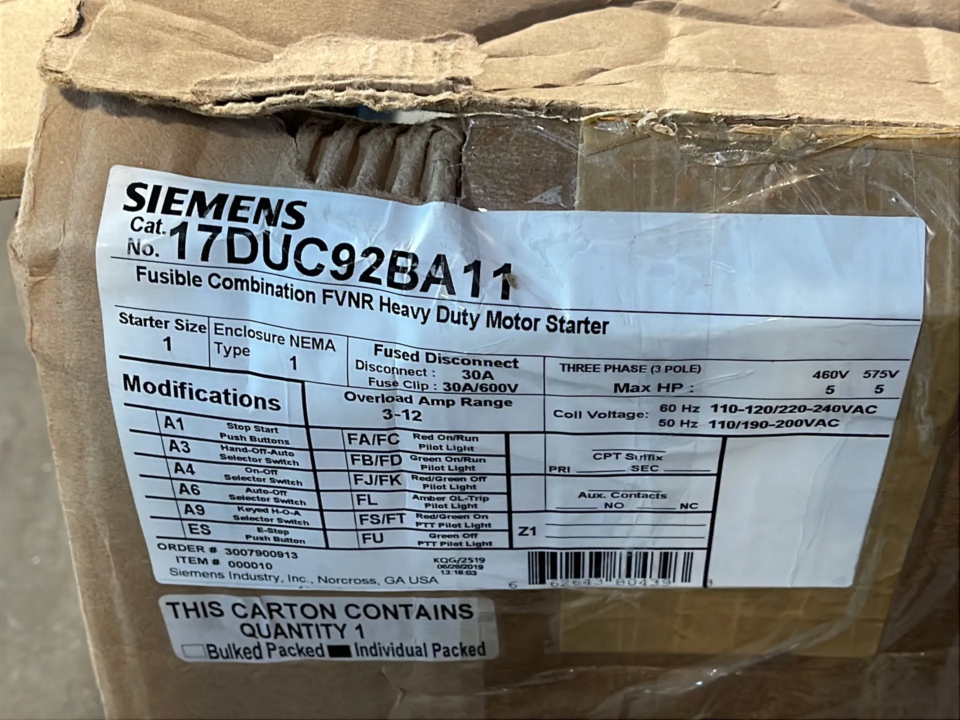 Siemens 5 Hp Fusible Combination Fvnr Heavy Duty Motor Starter - 17duc92ba11