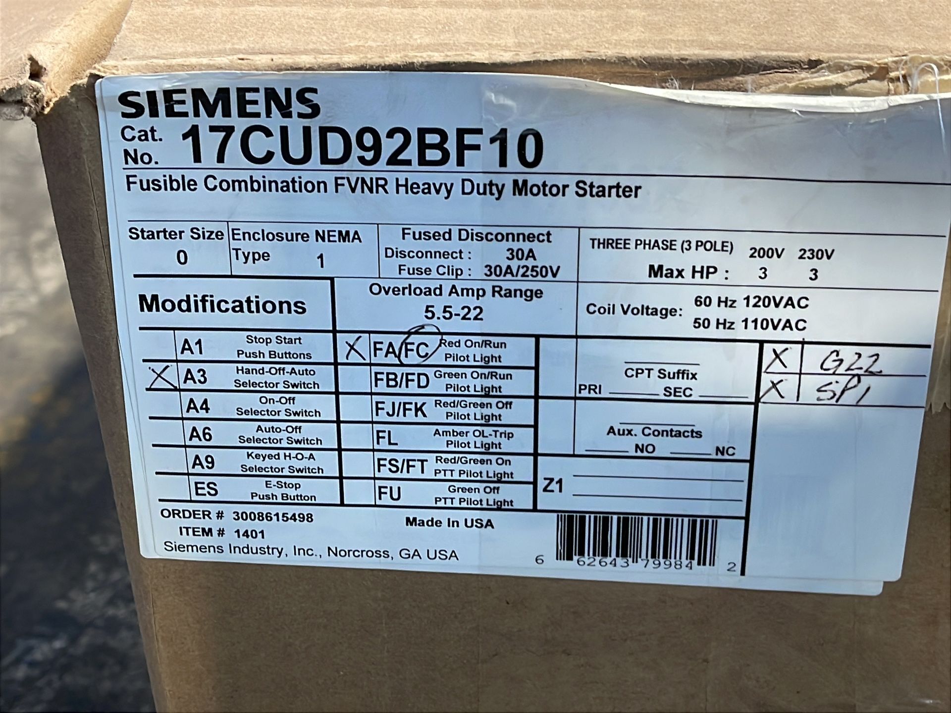Siemens 3 Hp Fusible Combination Fvnr Heavy Duty Motor Starter - 17cud92bf10
