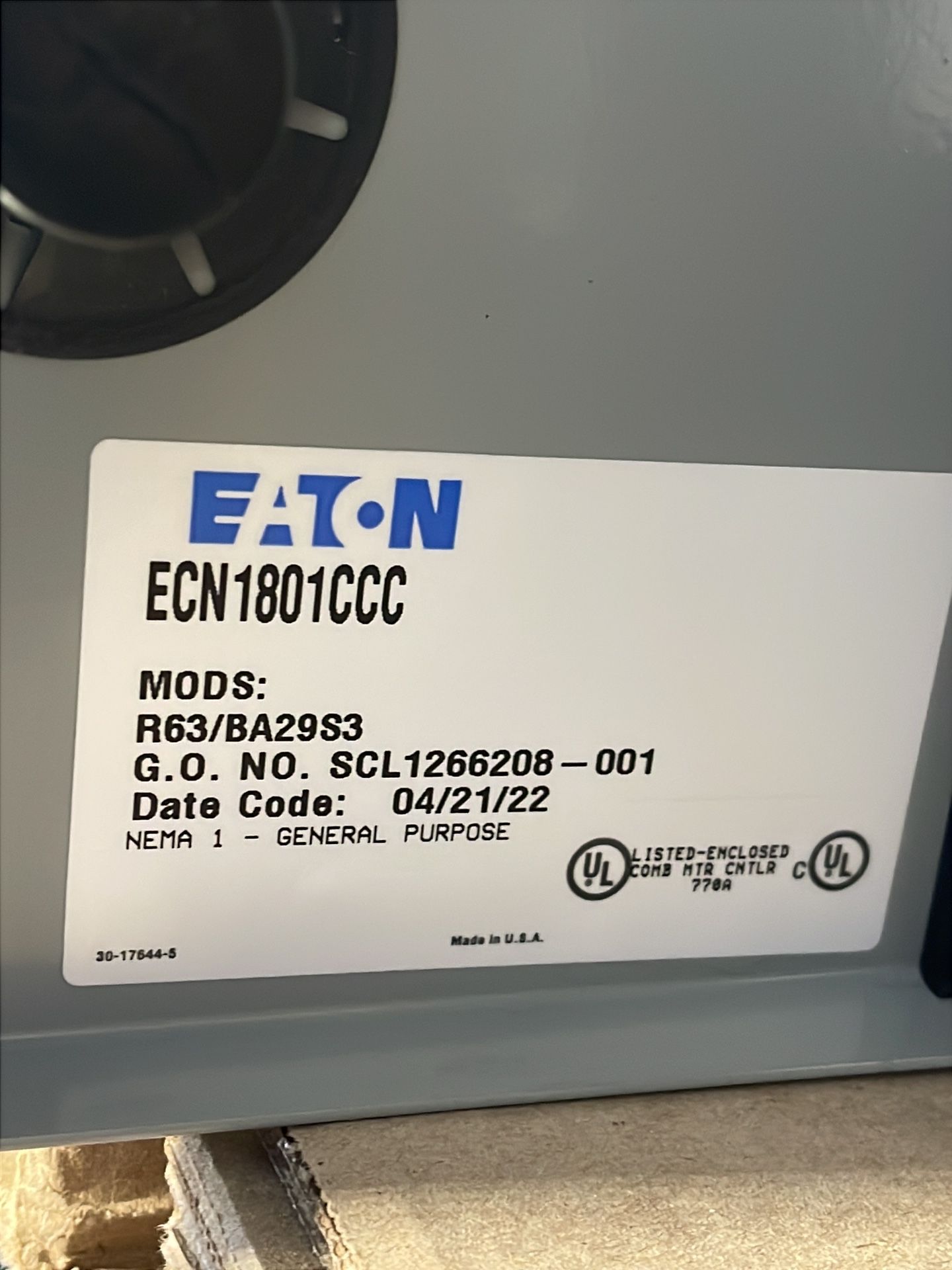 Eaton Freedom Nema Combination Fvnr Starter With Fused Disconnect & Cpt - Ecn1801ccc