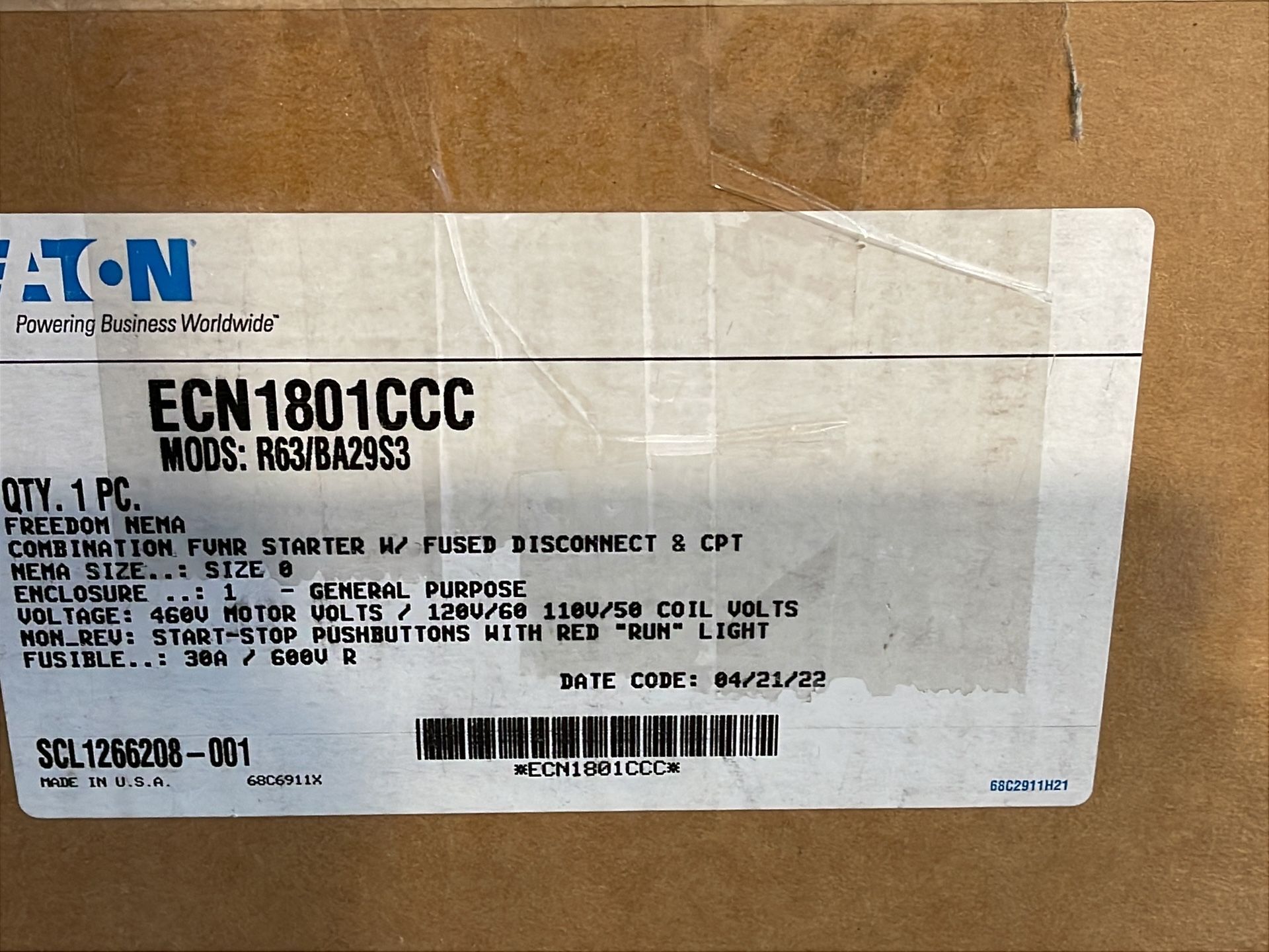 Eaton Freedom Nema Combination Fvnr Starter With Fused Disconnect & Cpt - Ecn1801ccc