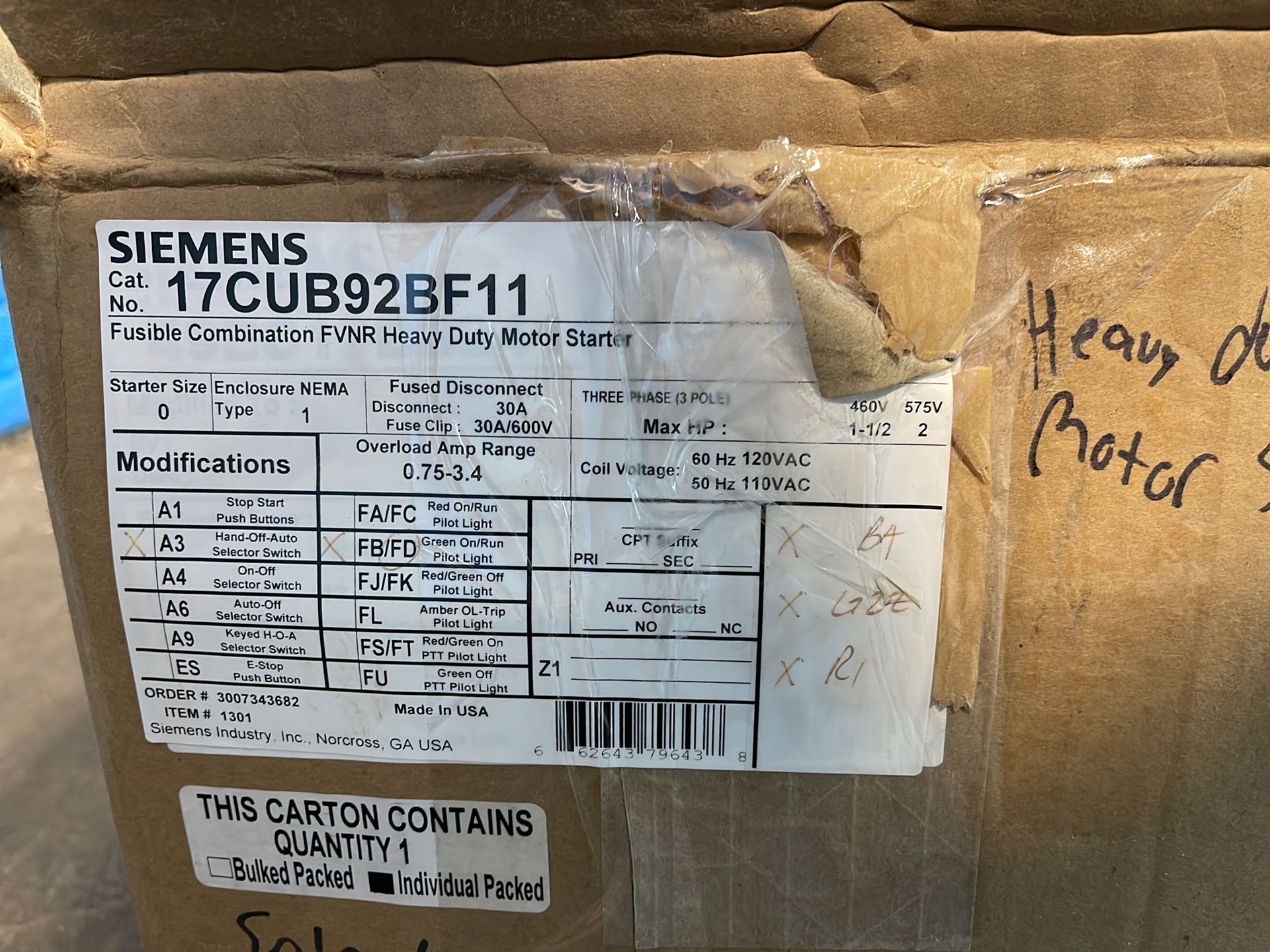 Siemens 2 Hp Fusible Combination Fvnr Heavy Duty Motor Starter - 17cub92bf11