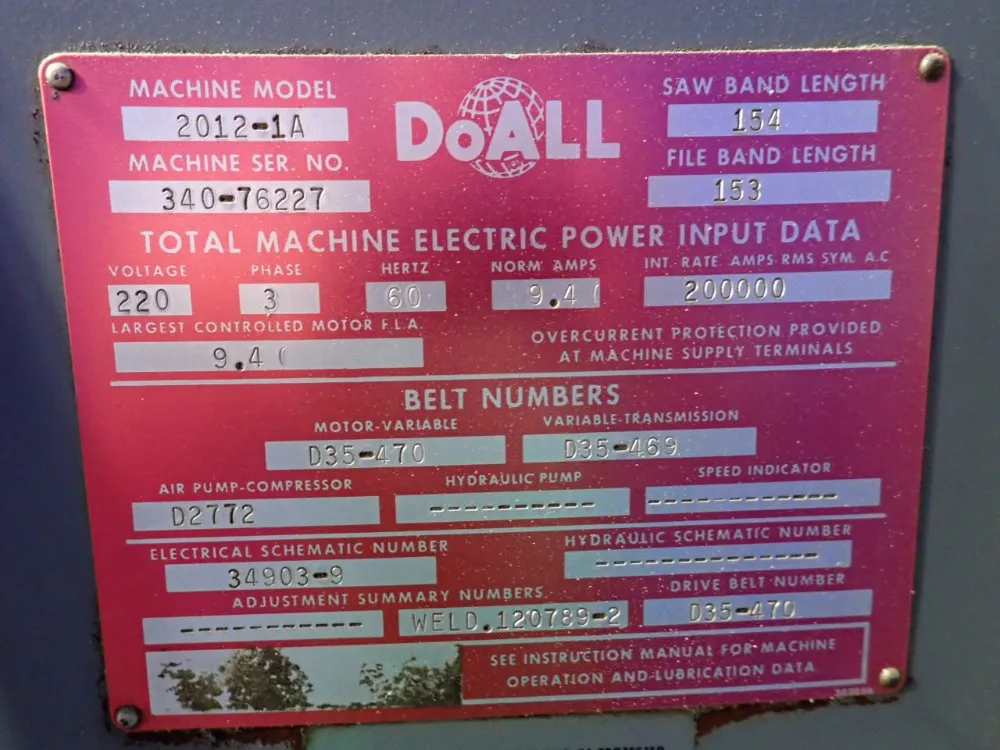 Doall 14" X 20" Vertical Band Saw - 2012-1a