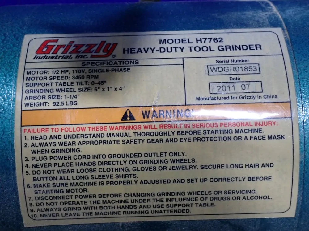 Grizzly 2 @ 6" Tool Grinder - H7762