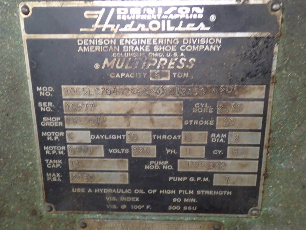 Denison / Multipress 6 Ton Hydraulic Press - R065lc204d266c23ba12a59a201