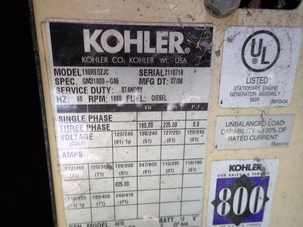 Kohler 180 Kw / 225 Kva Diesel Generator - 180reozjc