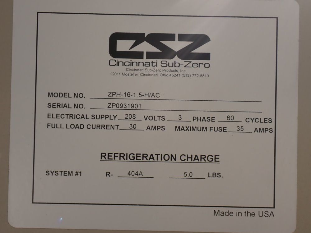 Cincinnati Sub-zero Zph-16-1.5-h/a Environmental Chamber - Zph-16-1.5-h/a