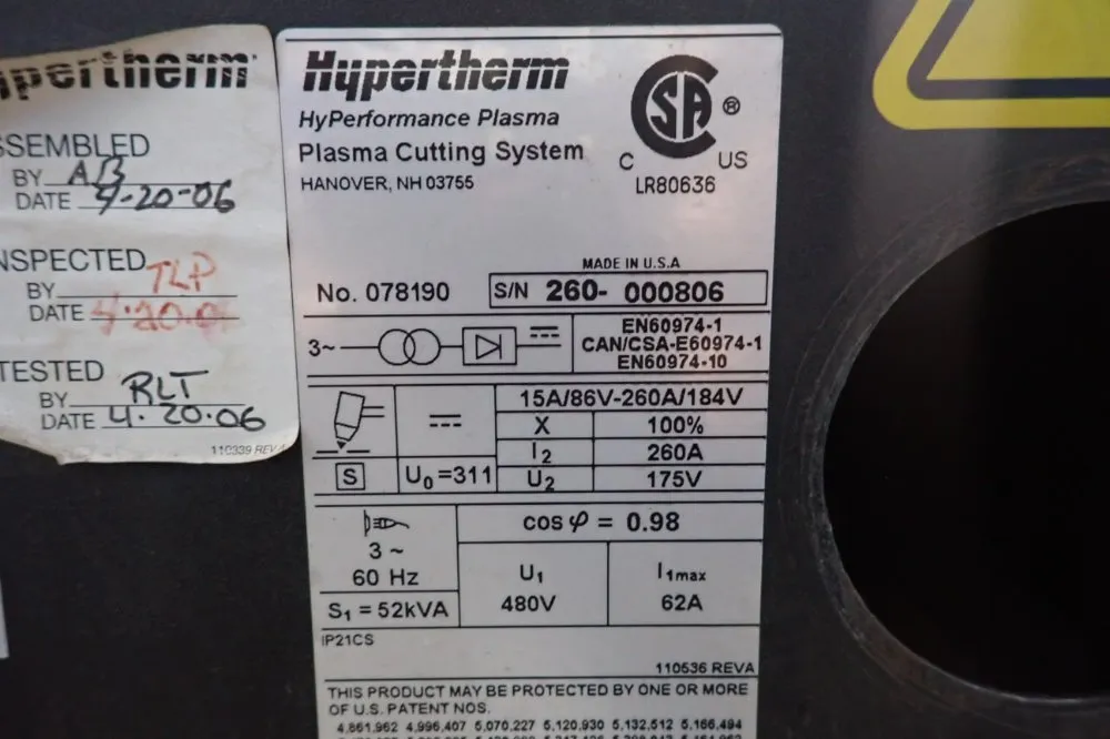 Hypertherm 260a Hpr260 Plasma Cutting System - Hpr260