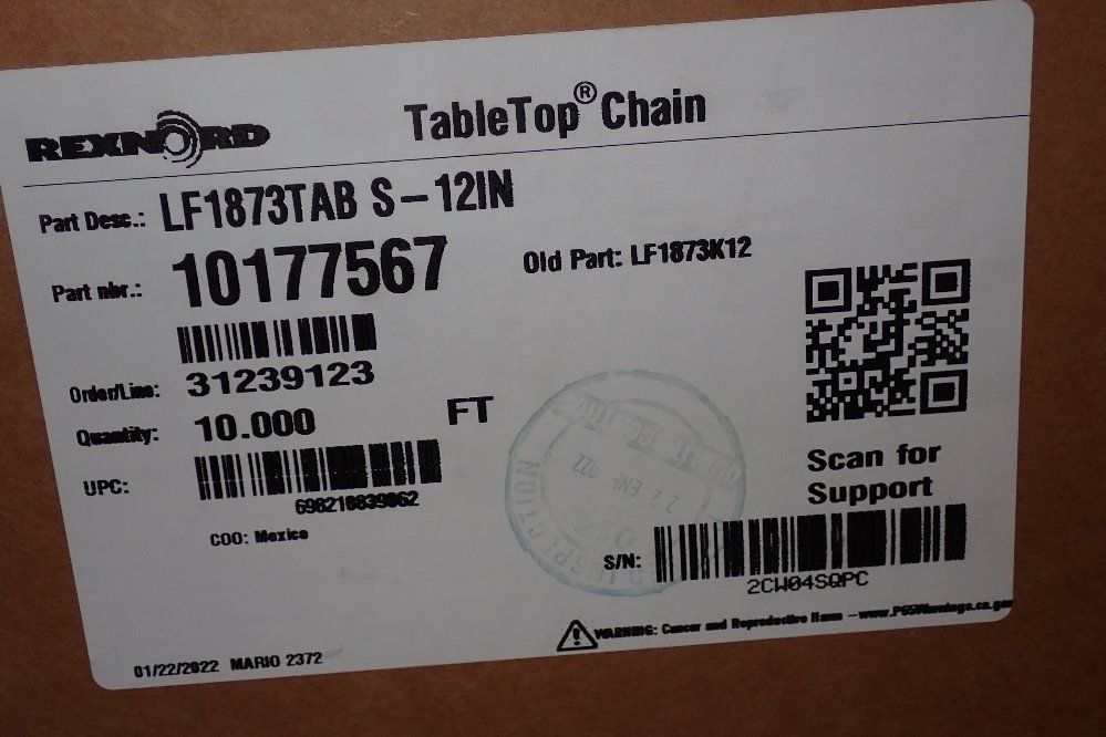 Rexnord 1" X 12" W Conveyor Belt - Lf1873tabs-12in