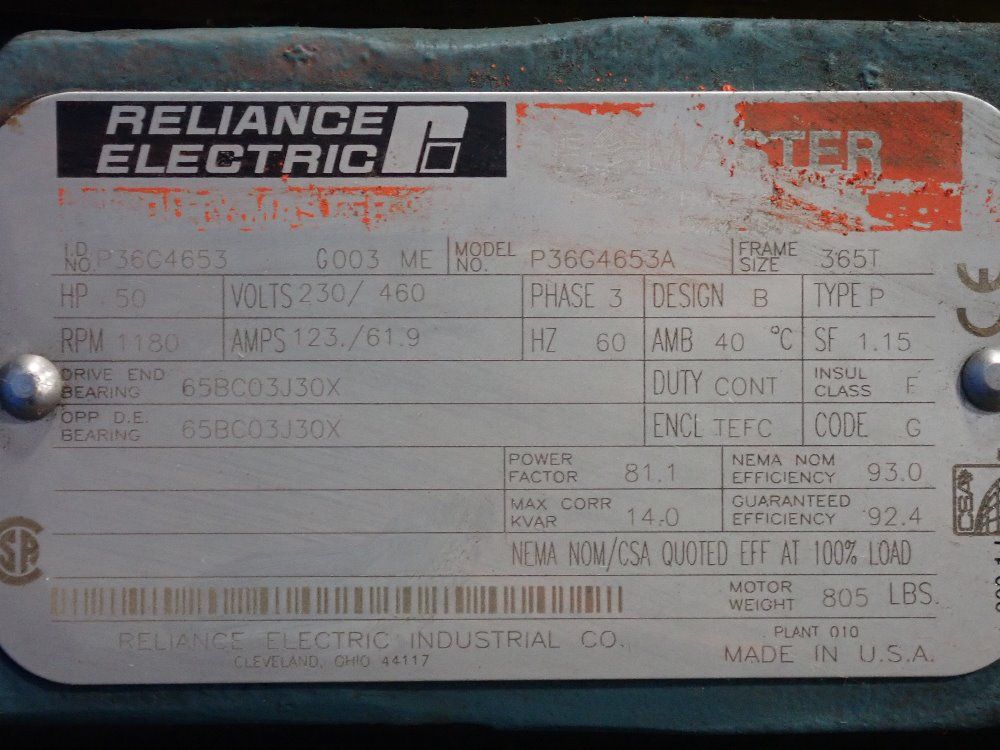 Reliance Electric Industrial Co. 50 Hp Motor - P36g4653a