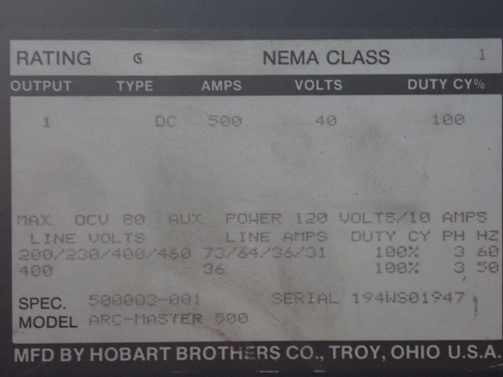 Hobart Brothers Co. 15 Kva Arc Welder - Arc-master 500