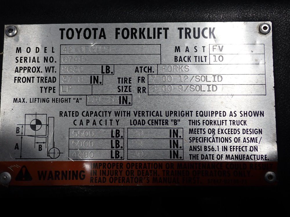 Toyota 5500lbs Propane/gasoline Combo Forklift - 42 6fgu25