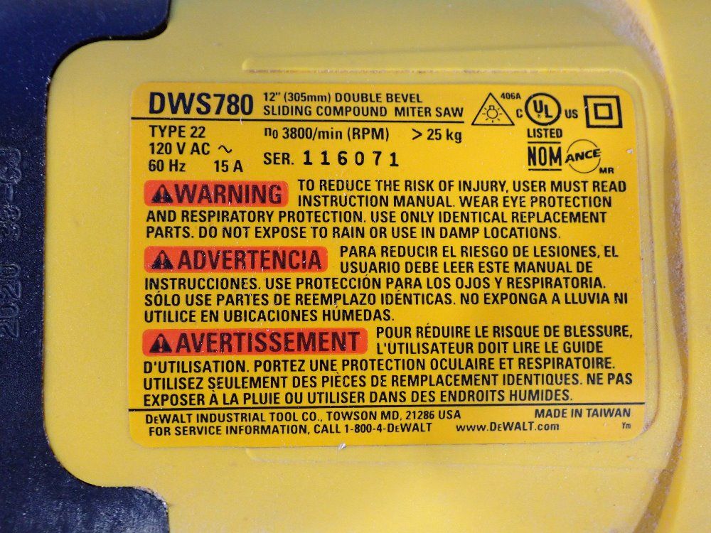 Dewalt 3800rpm, 12" Blade Sliding Compound Miter Saw - Dws780